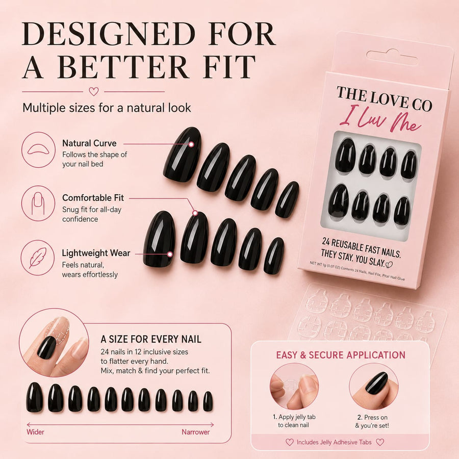 Classic Black Almond Press-On Nails — Reusable, No-Glue – view 6 | The Love Co