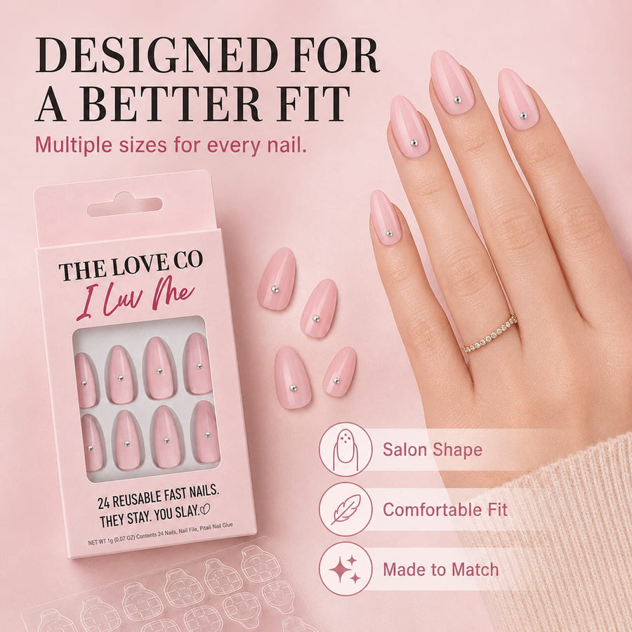 Blush Pink Stud Almond Press-On Nails — Reusable Glam – view 5 | The Love Co