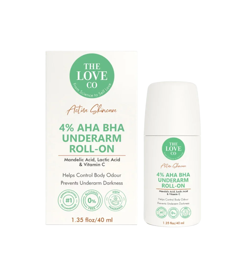 The Love Co 4% AHA BHA underarm roll-on bottle and box for odor control and skin brightening