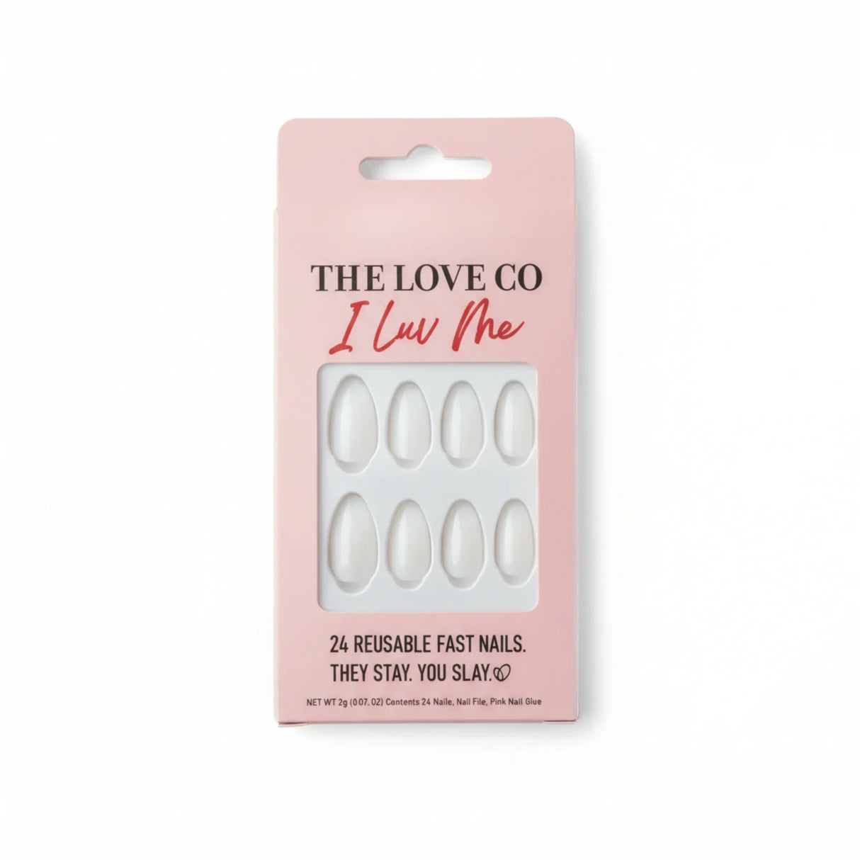 The Love Co I Luv Me pink packaging with white reusable press on nails
