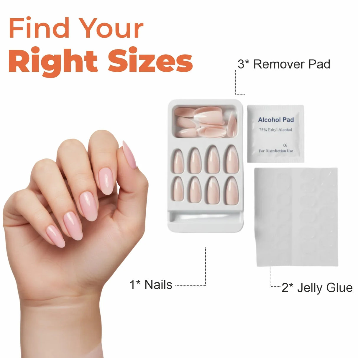 Hand with nude press on nails, nail kit with nails, jelly glue, and remover pad