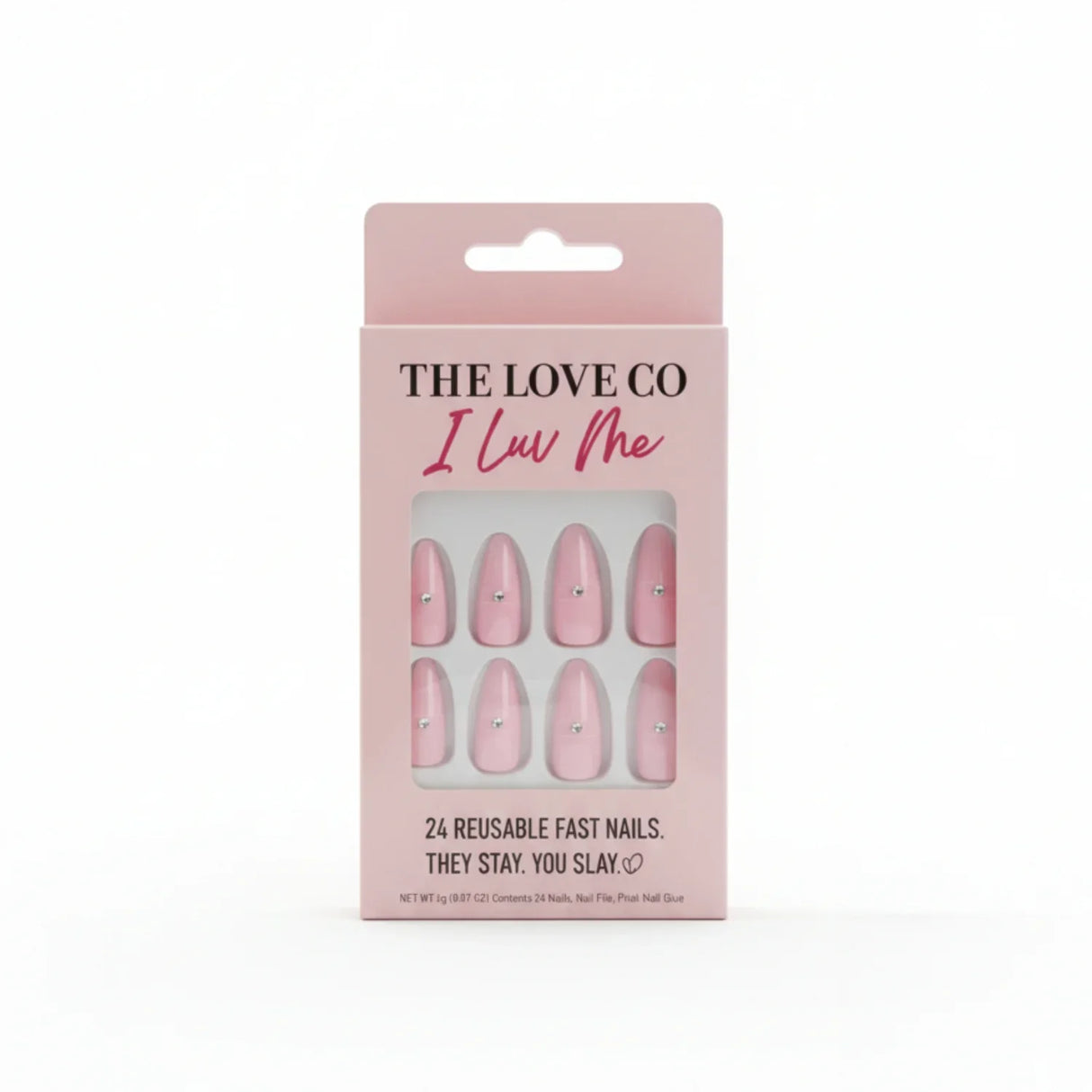 The Love Co I Luv Me pink reusable press on nails with rhinestone accents in box