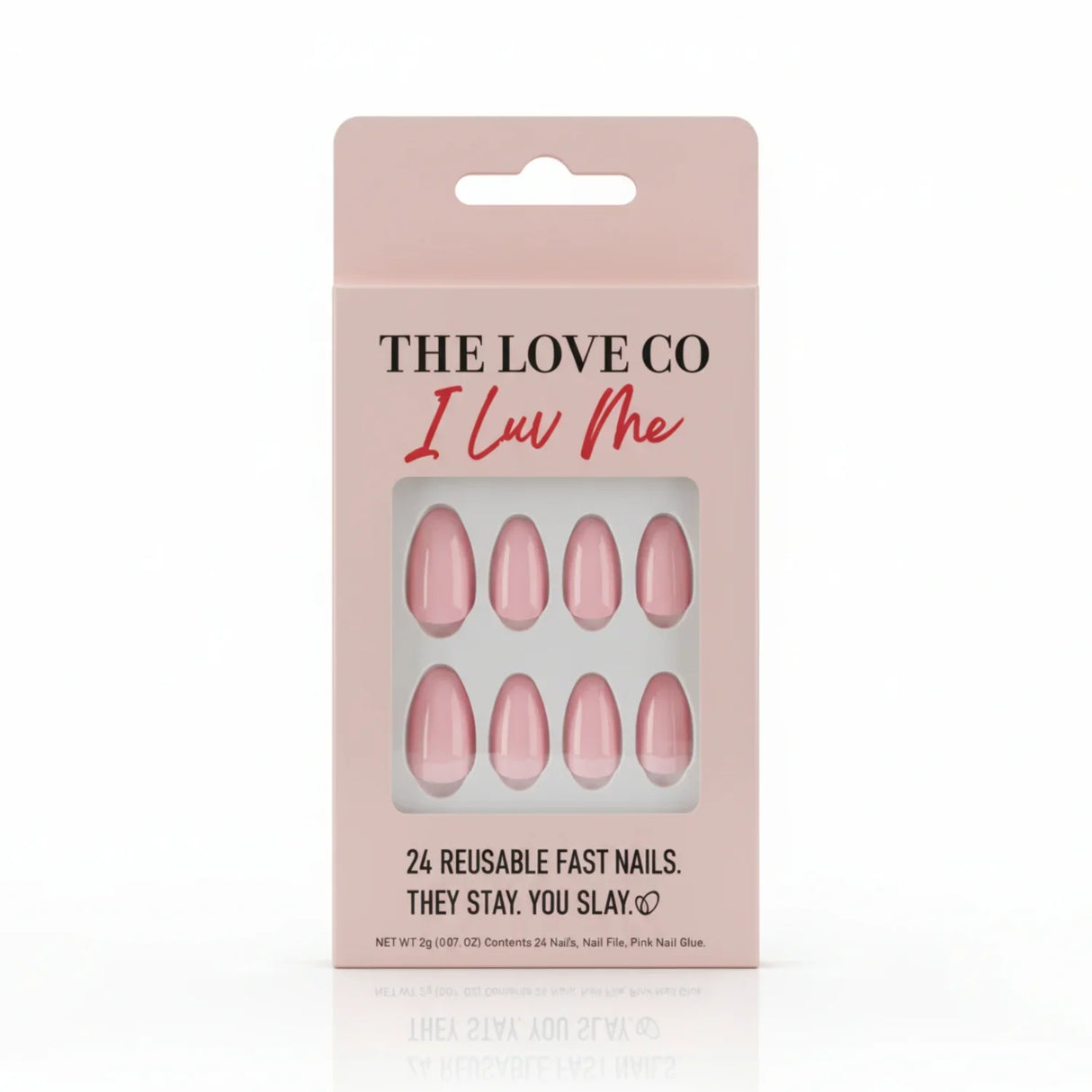The Love Co I Luv Me pink reusable fast press on nails in packaging