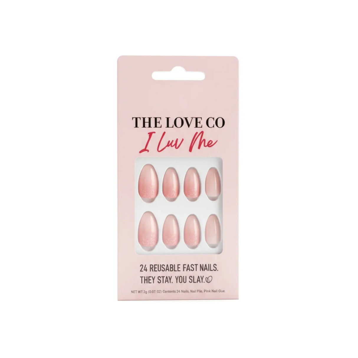 The Love Co I Luv Me press on nails, pink reusable nails in retail packaging