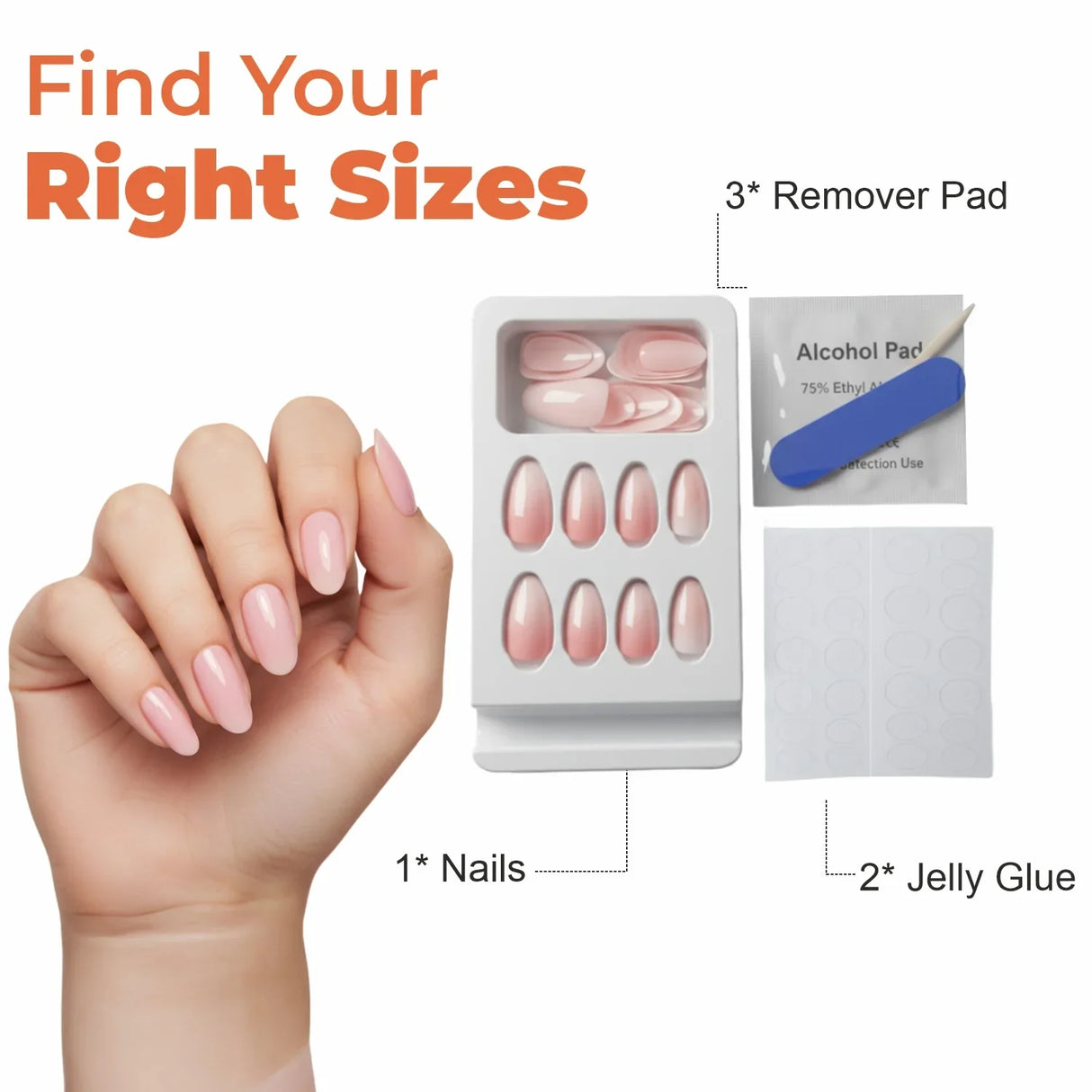 Press-on nails kit with pink nude nails, remover pad, jelly glue, and hand with manicured nails
