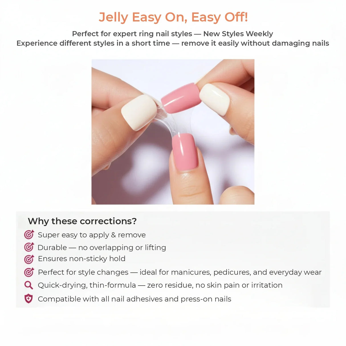 Woman peeling off clear jelly nail sticker from pink and ivory press-on nails.