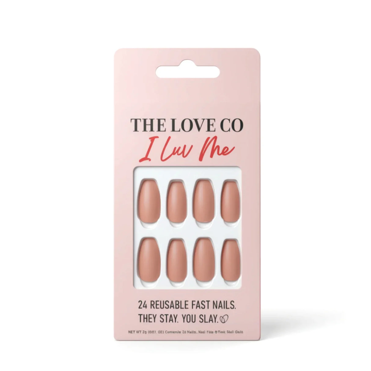 The Love Co I Luv Me pink press-on nails set in retail packaging, 24 reusable fast nails