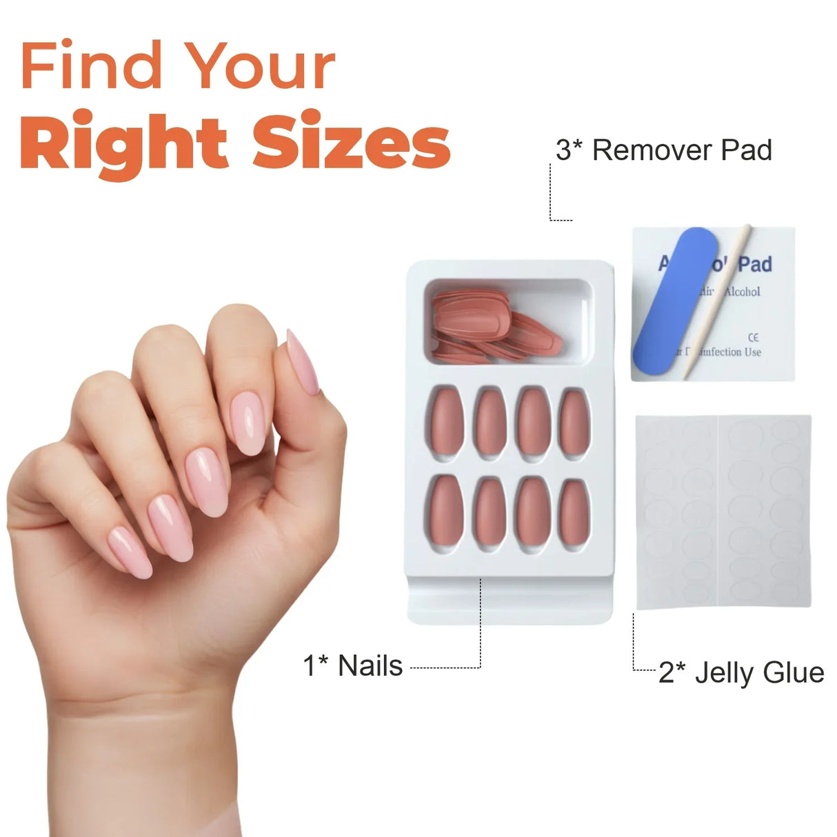 Hand with pink press on nails, nail kit with various sizes, glue tabs, remover pad and file.