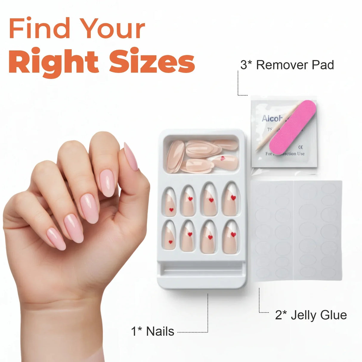 Hand with nude almond press-on nails, kit with extra nails, jelly glue tabs, remover pad, nail file