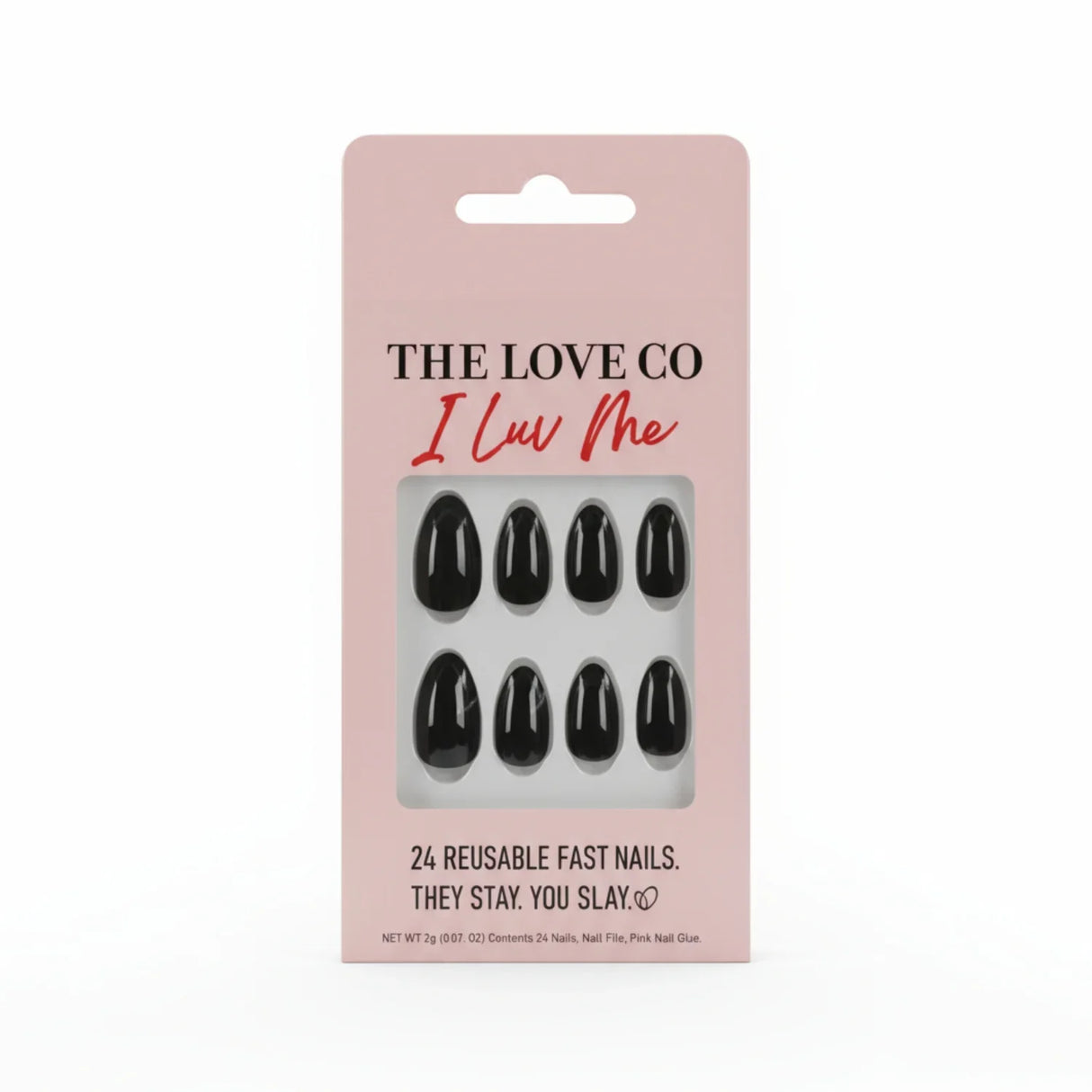 The Love Co I Luv Me black press on nails set in pink packaging, 24 reusable fast nails