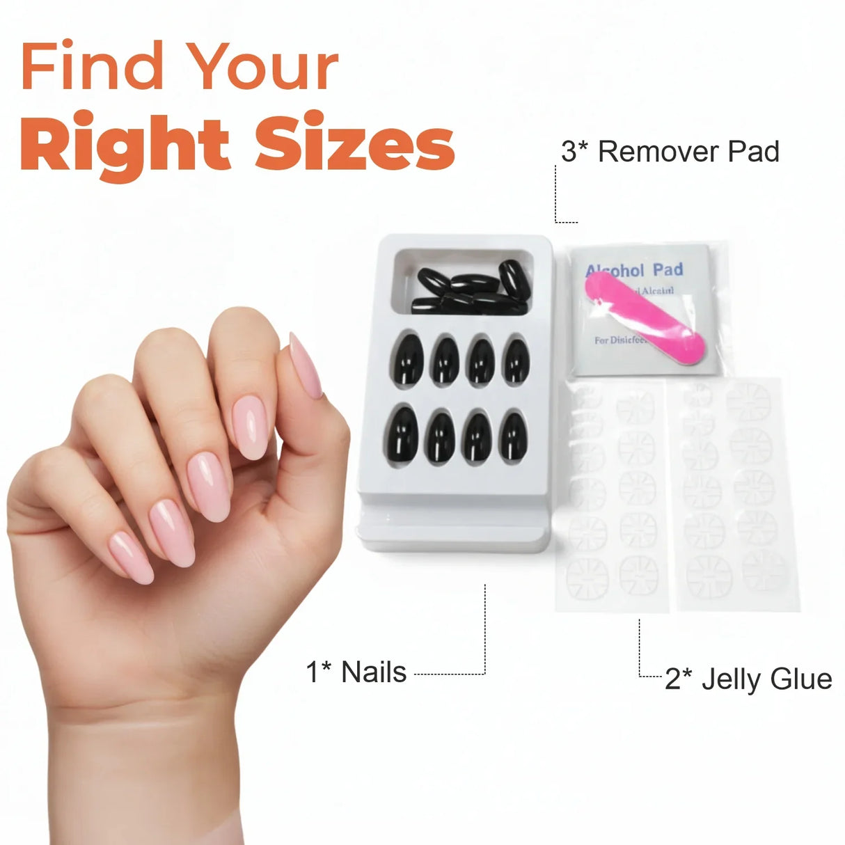 Hand with pink press on nails and set including black fake nails, jelly glue, remover pad, alcohol pad