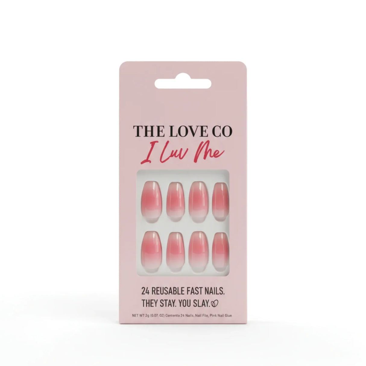 The Love Co I Luv Me pink ombre reusable press on nails in packaging