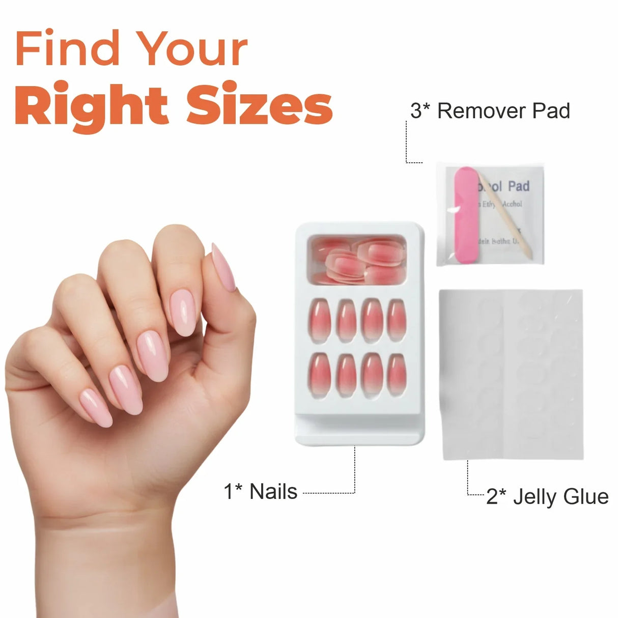 Hand with pink almond-shaped press on nails, remover pads, and jelly glue nail kit