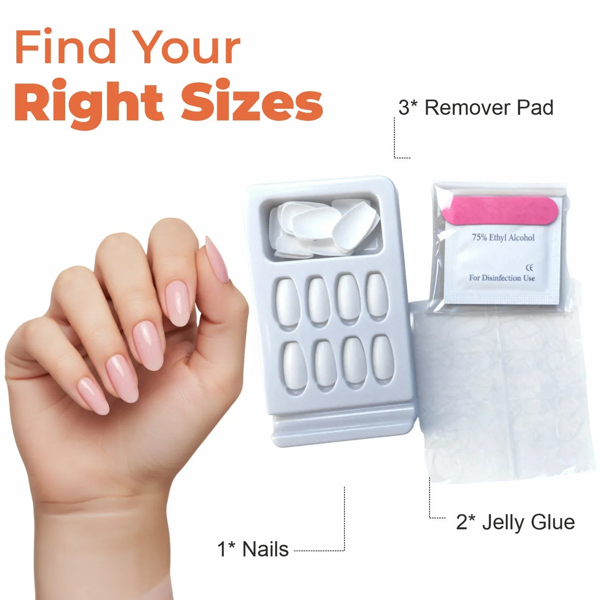 Press on nails kit with nude almond fake nails, jelly glue, remover pad, and alcohol wipe.