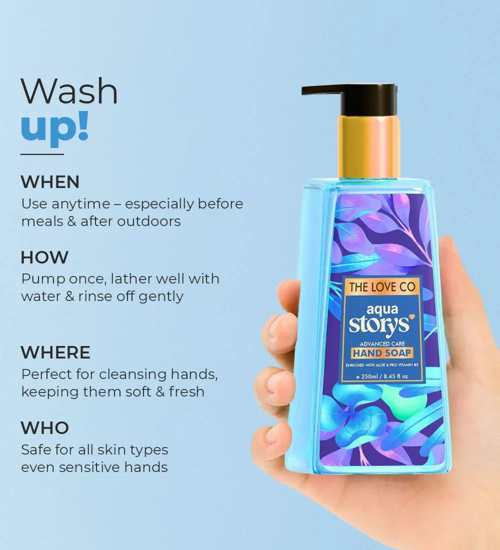 Hand holding The Love Co aqua storys advanced care hand soap bottle against blue background