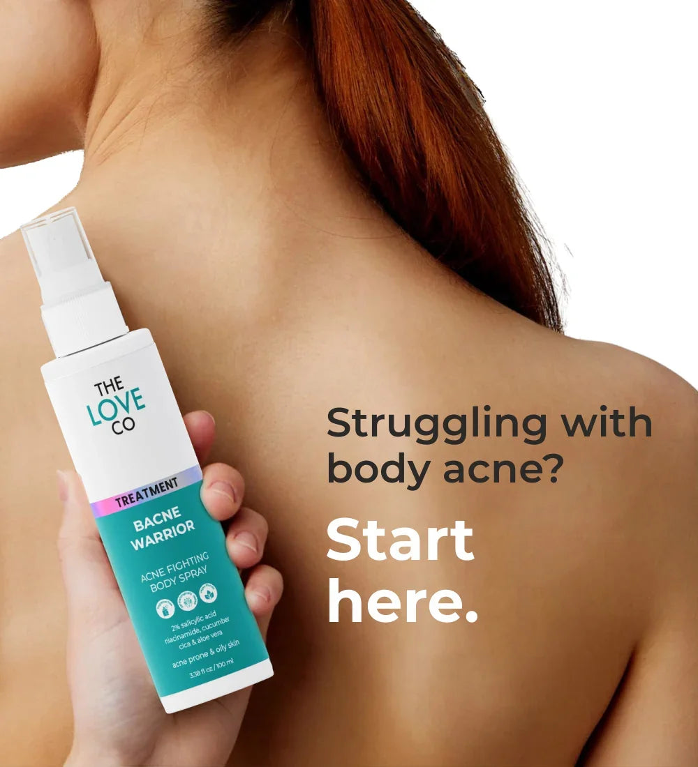 Woman holding The Love Co Bacne Warrior acne body spray against bare back with text about body acne
