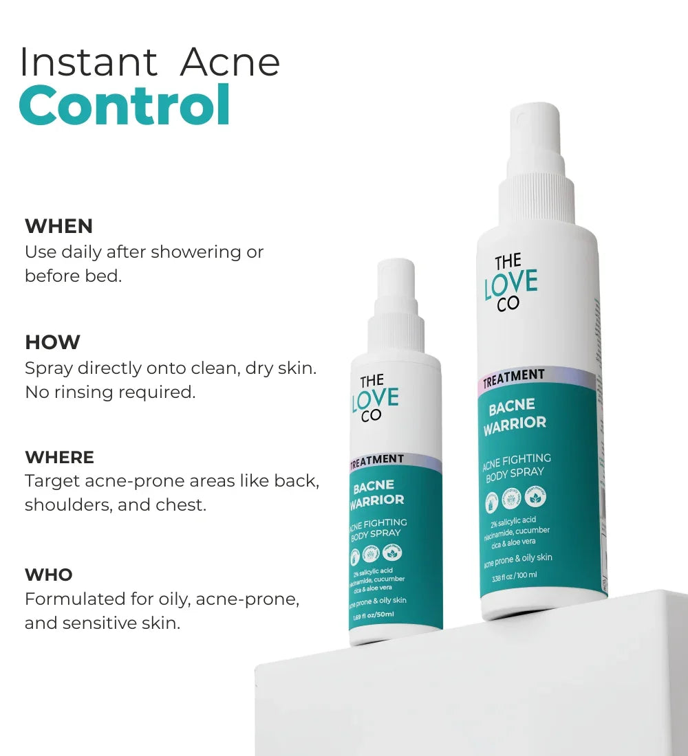 The Love Co. Bacne Warrior acne body spray bottles for acne-prone skin care