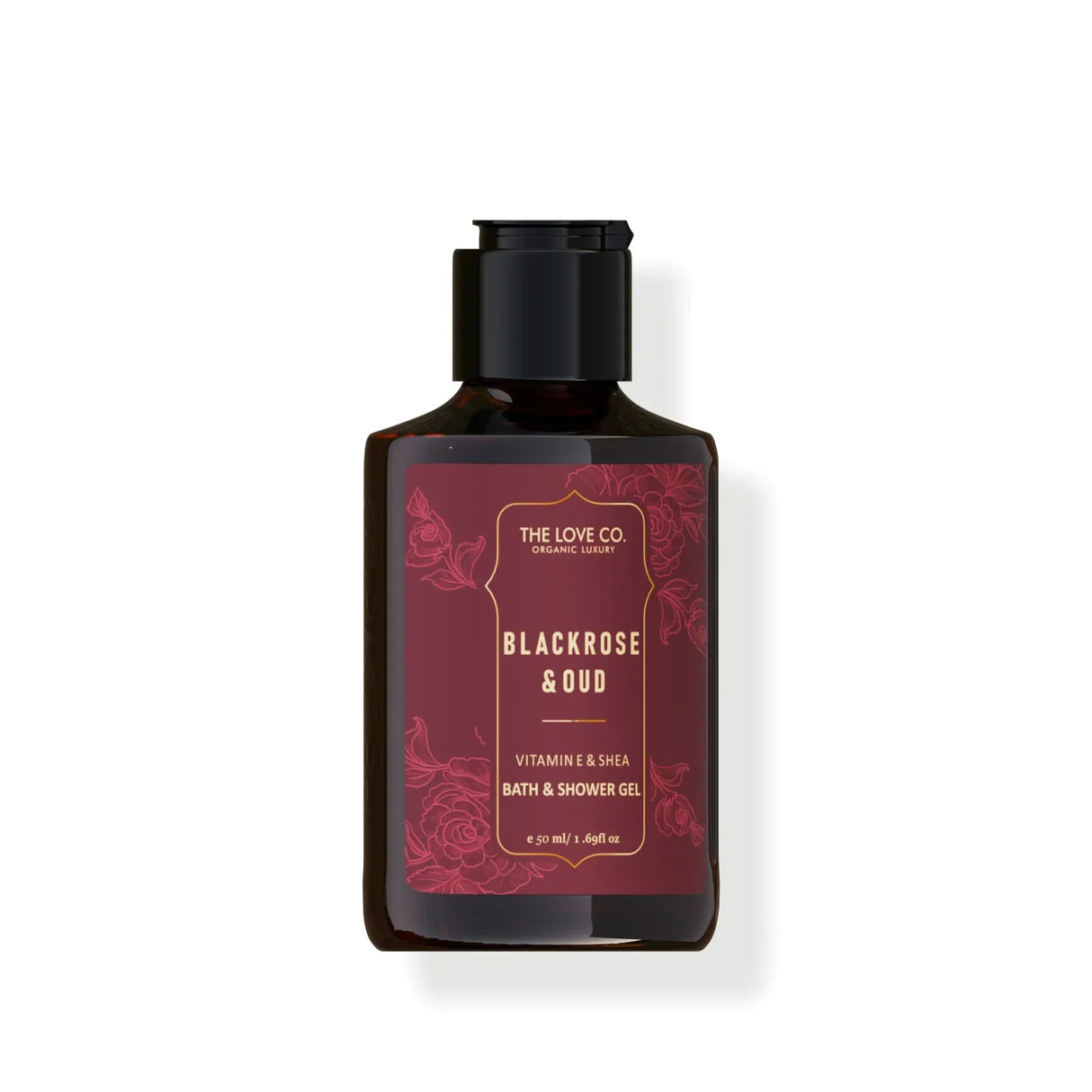 The Love Co Black Rose Oudh bath and shower gel bottle with floral label on white background