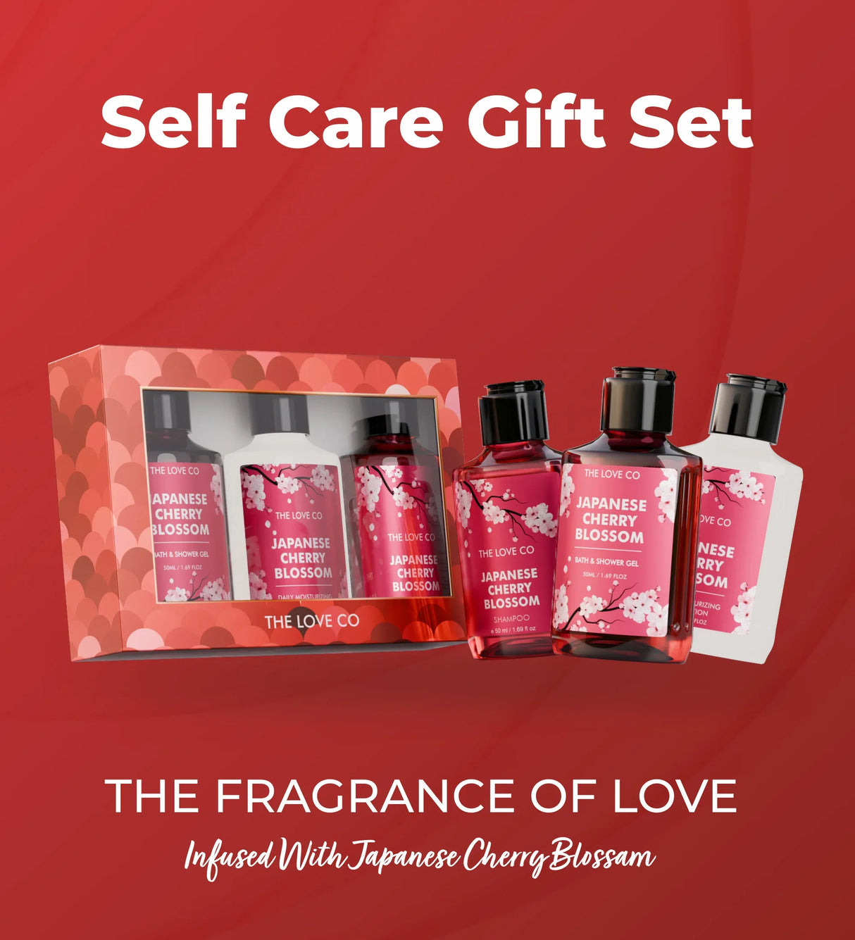 Self care gift set with Japanese Cherry Blossom bath and shower gel, shampoo, and moisturizer.