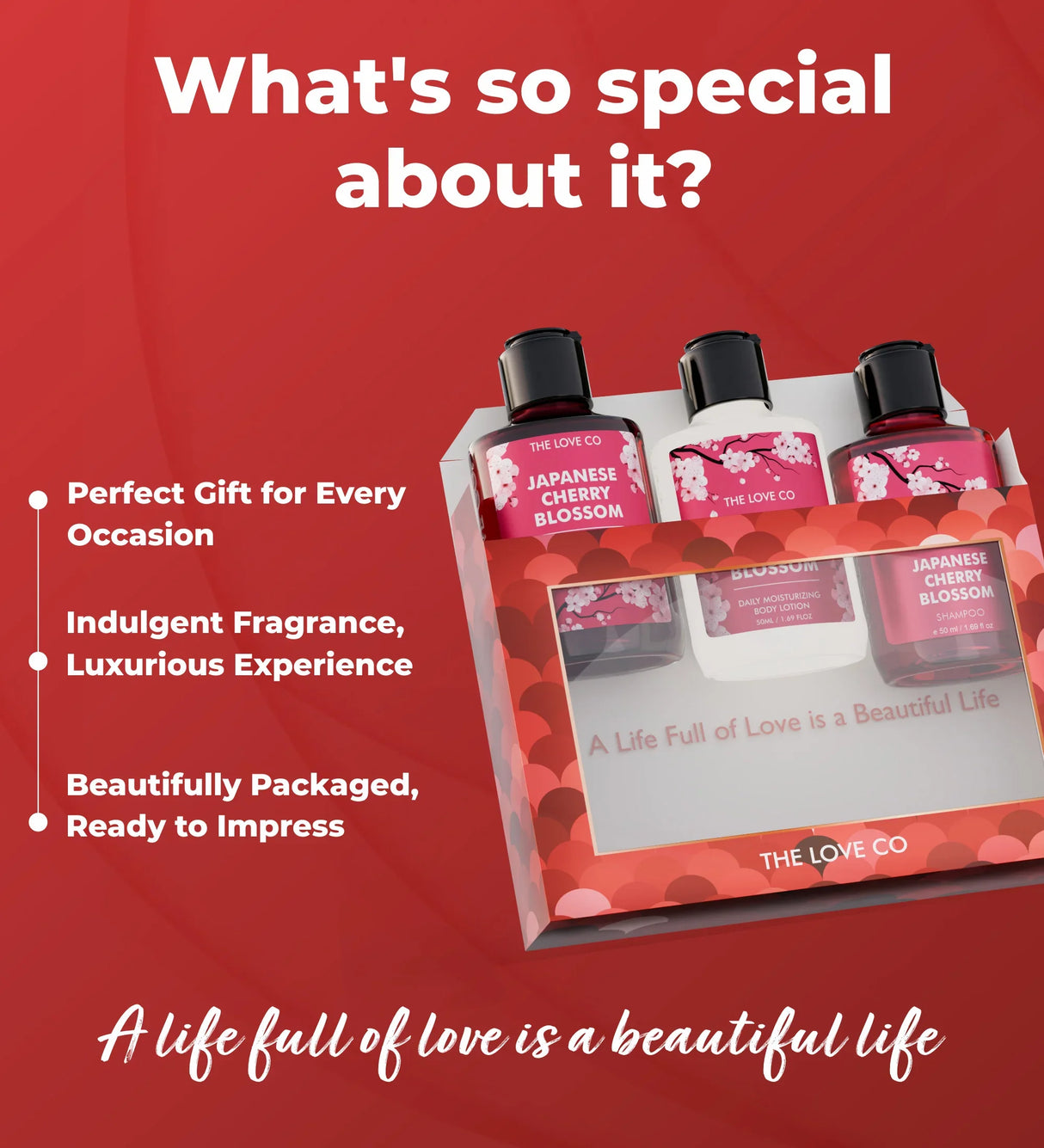 The Love Co Discovery Kit pack of 3 Japanese Cherry Blossom gift set in red box, stylish packaging.