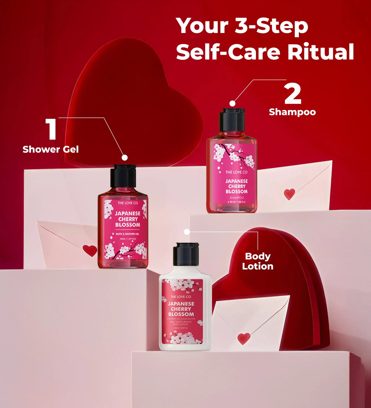 Japanese Cherry Blossom shower gel, shampoo, and body lotion set with heart and envelope decor