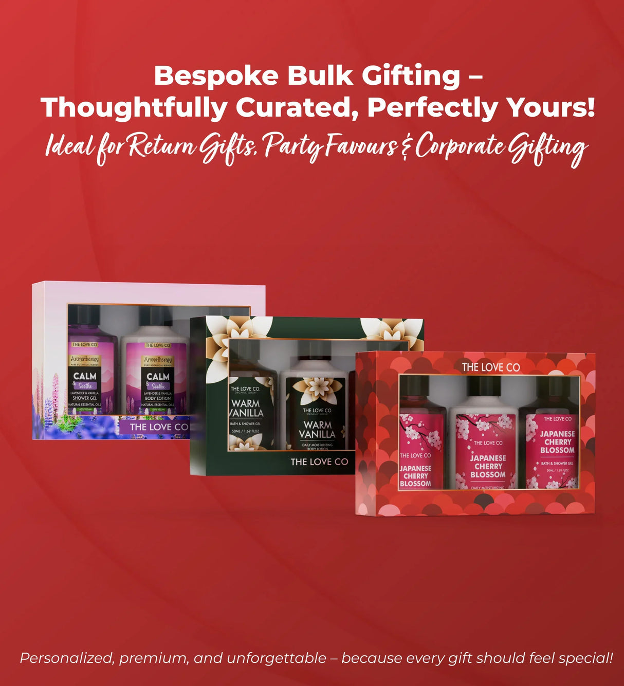 Bulk gifting Discovery Kit with three bath and body gift sets on a red background.
