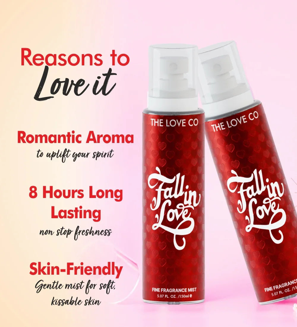 Fall in Love body mist by The Love Co, two red spray bottles with heart design and product benefits text.
