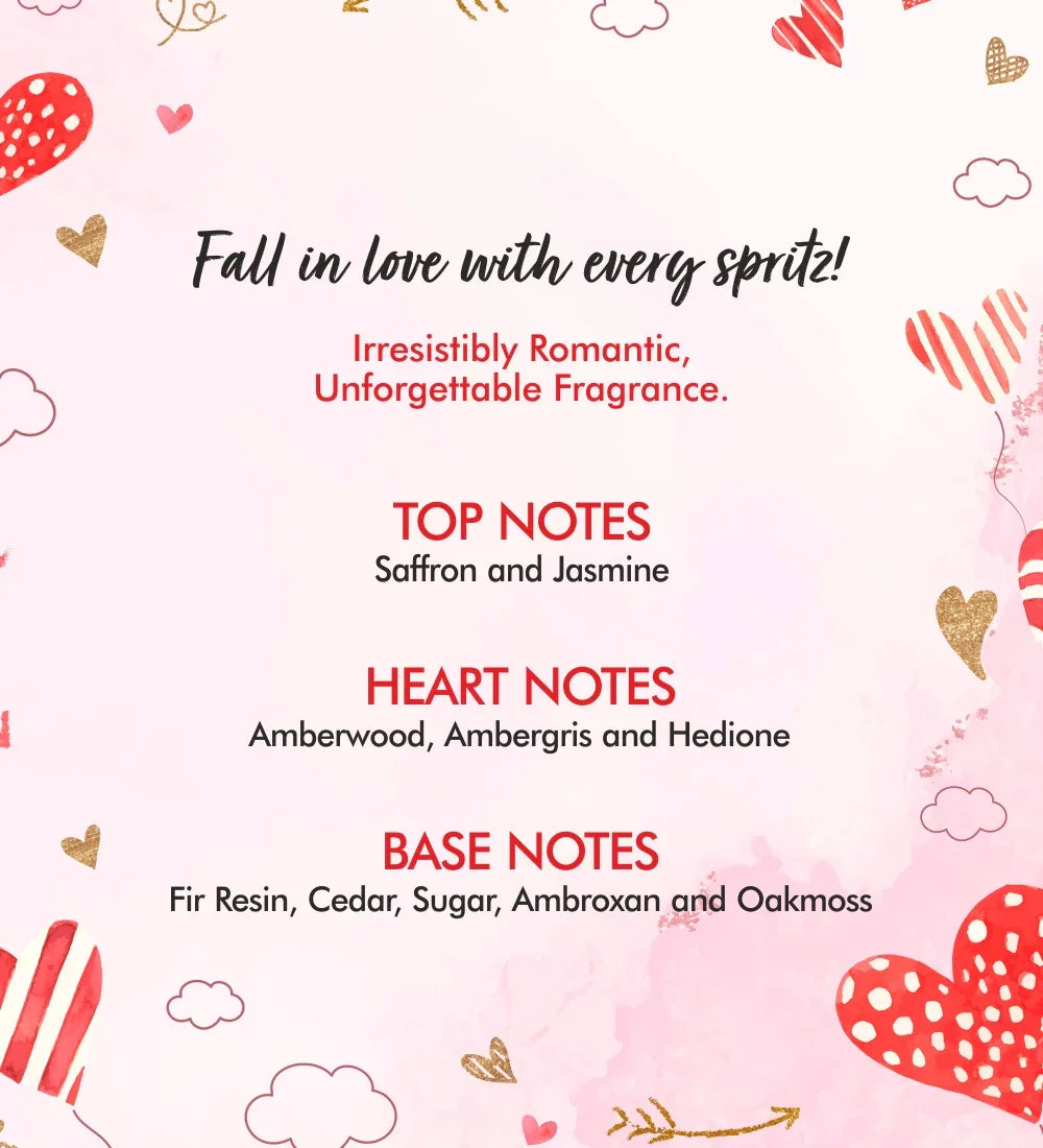Perfume fragrance notes chart on pink background with hearts, listing top, heart, and base notes.