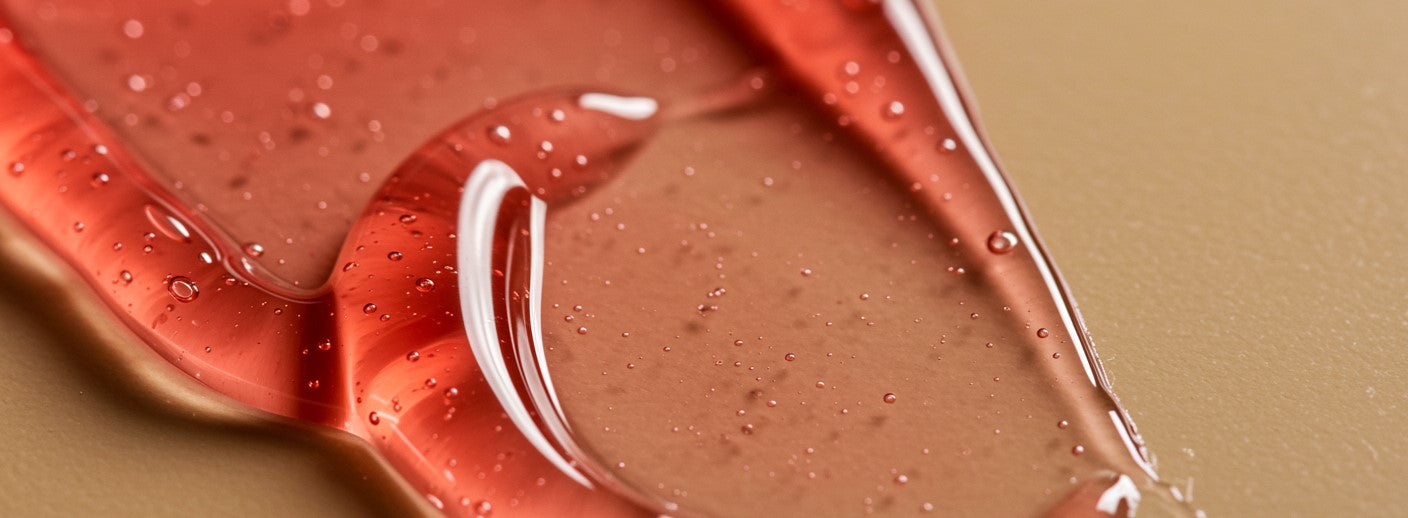 Close-up of red and brown liquid with droplets on a beige background