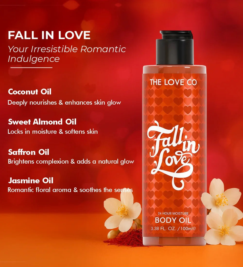 Fall in Love body oil bottle by The Love Co with floral accents on a red heart background