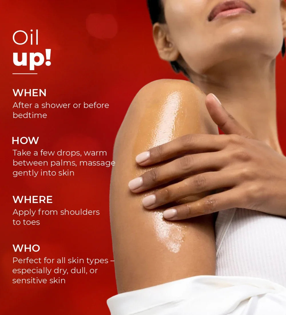 Woman applying body oil to shoulder, skincare instructions on red background