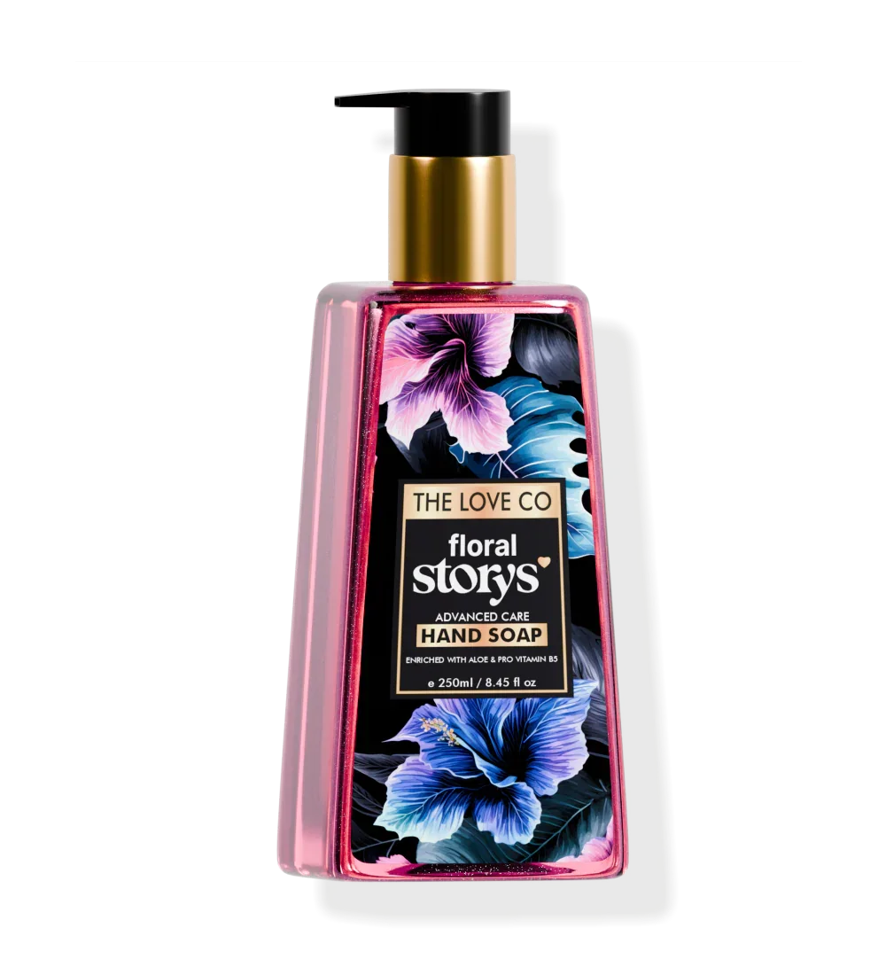 The Love Co Floral Storys hand soap bottle with vibrant floral design and gold pump