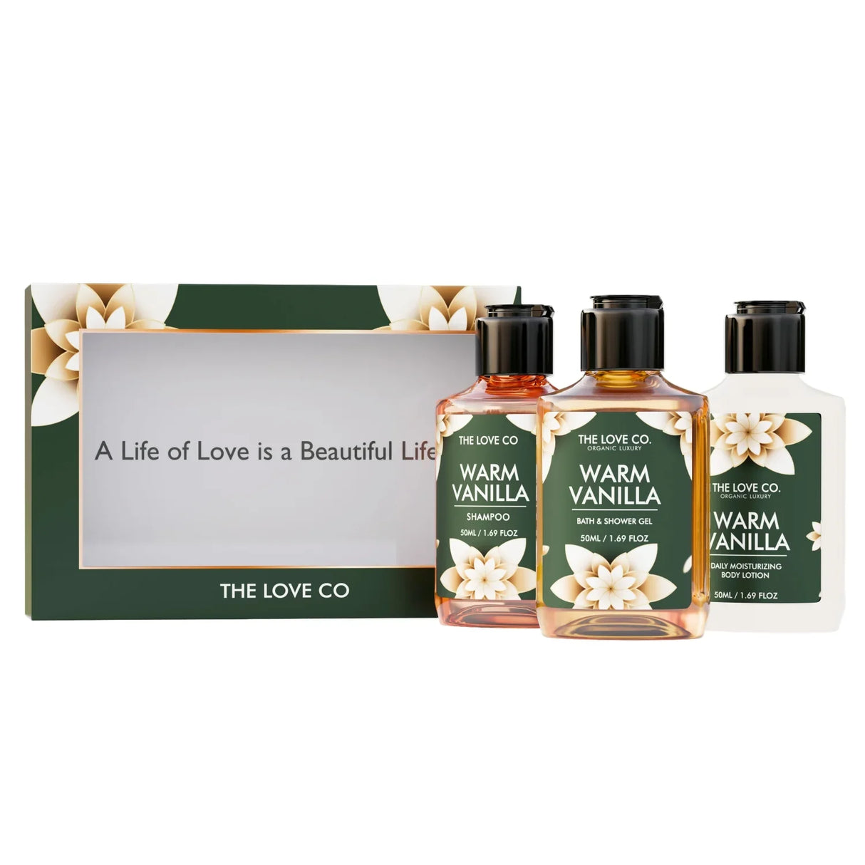 Warm Vanilla gift box set of 3 with shampoo, shower gel, and body lotion from The Love Co.