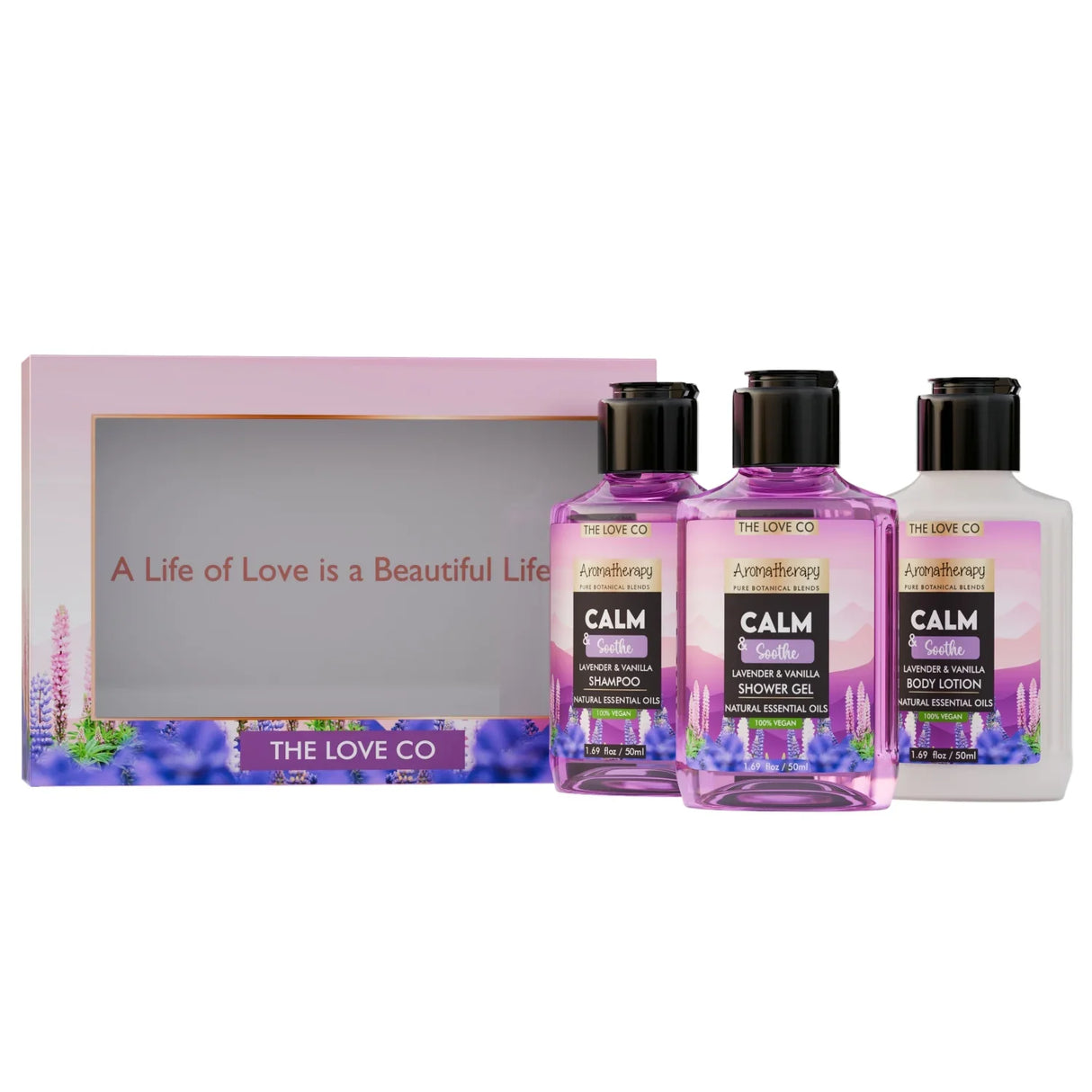 Calm Soothe gift box with three The Love Co lavender vanilla aromatherapy bottles