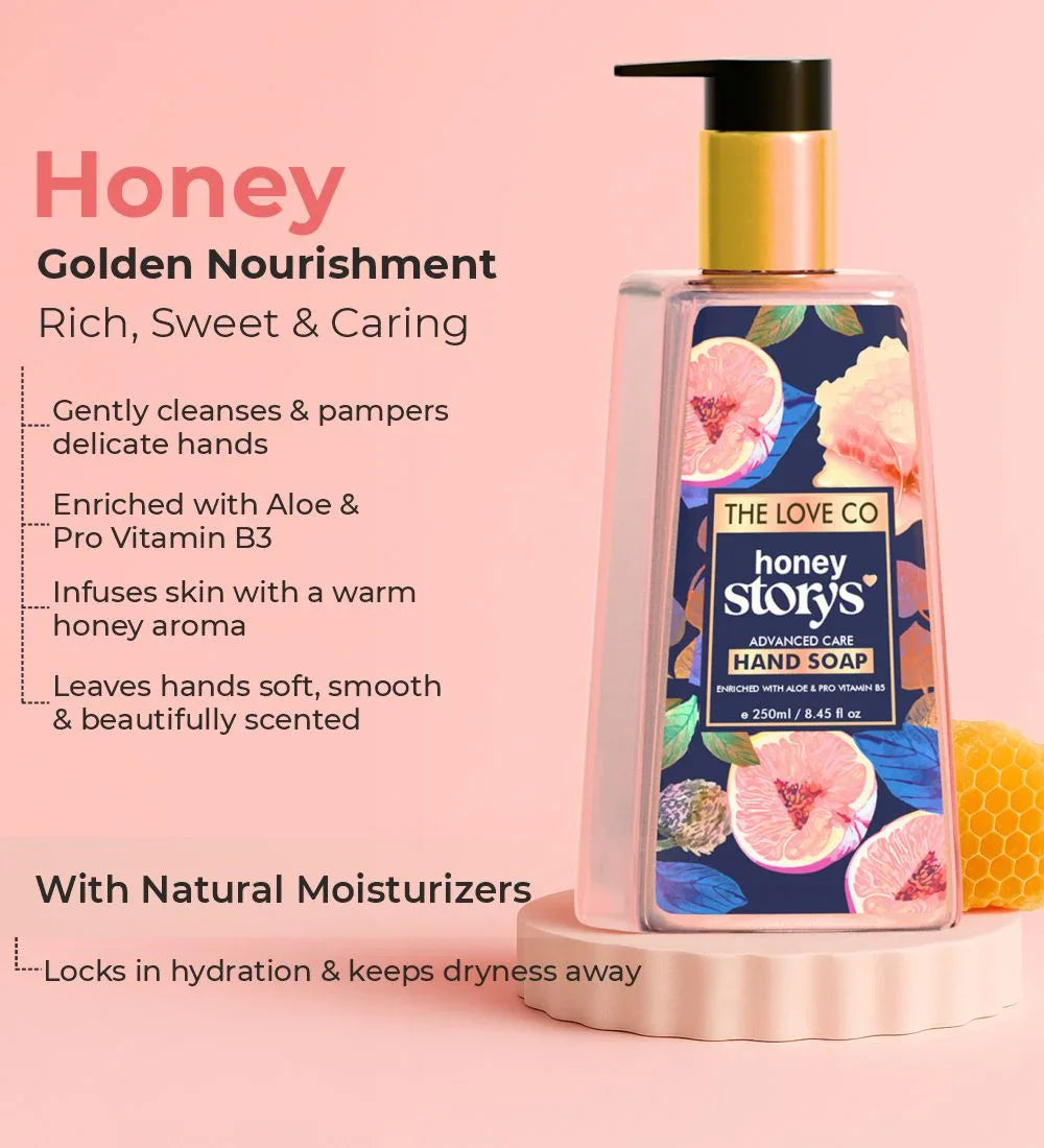 Honey hand wash bottle with floral label, honeycomb, and nourishing skincare benefits text