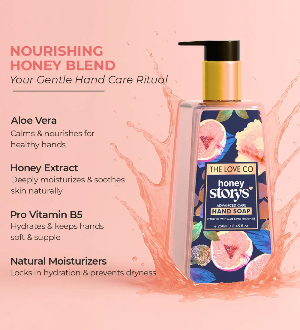 The Love Co Honey Story's hand soap bottle with aloe, honey, and vitamin B5 claims on pink background