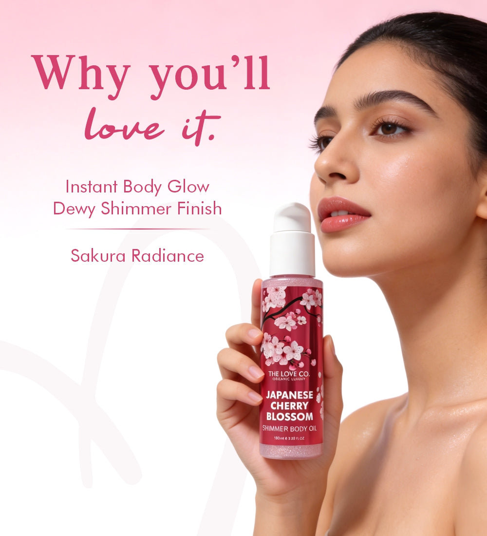 JCB Shimmer Oil ingredients — skin-loving oils, fine shimmer pearls, cherry blossom extract — The Love Co