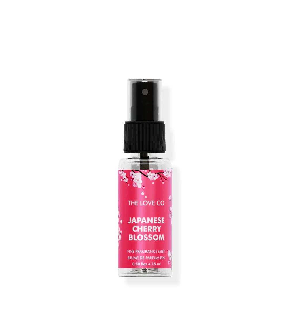 Japanese Cherry Blossom body mist 15ml by The Love Co with pink label and floral design
