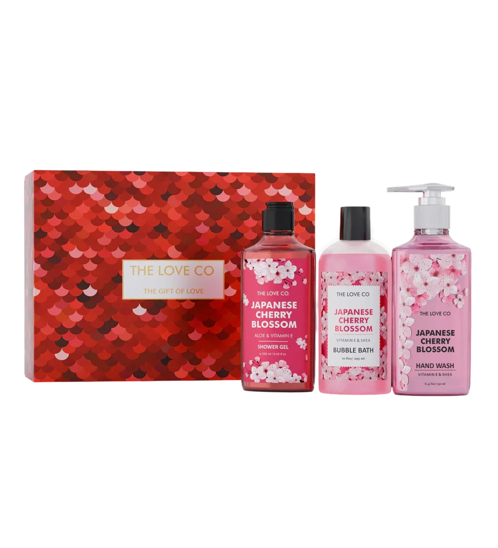 The Love Co Japanese Cherry Blossom gift box with shower gel, bubble bath, and hand wash.