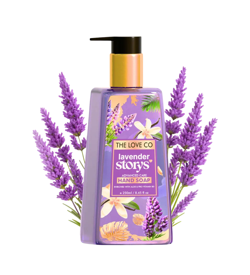 Lavender Story hand wash bottle with pump and lavender flowers, The Love Co, 250ml