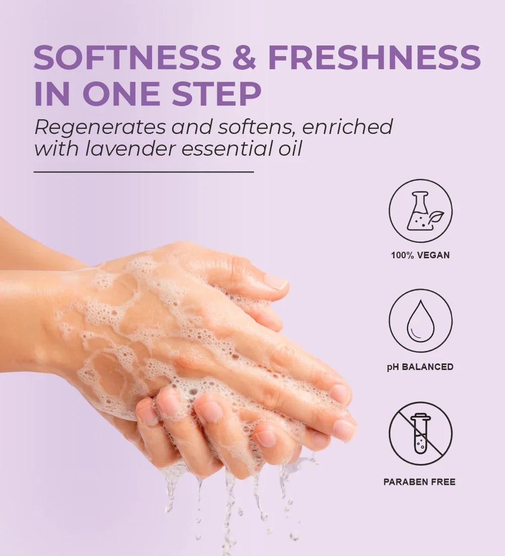 Hands washing with foaming lavender hand wash, highlighting vegan, pH balanced, paraben free
