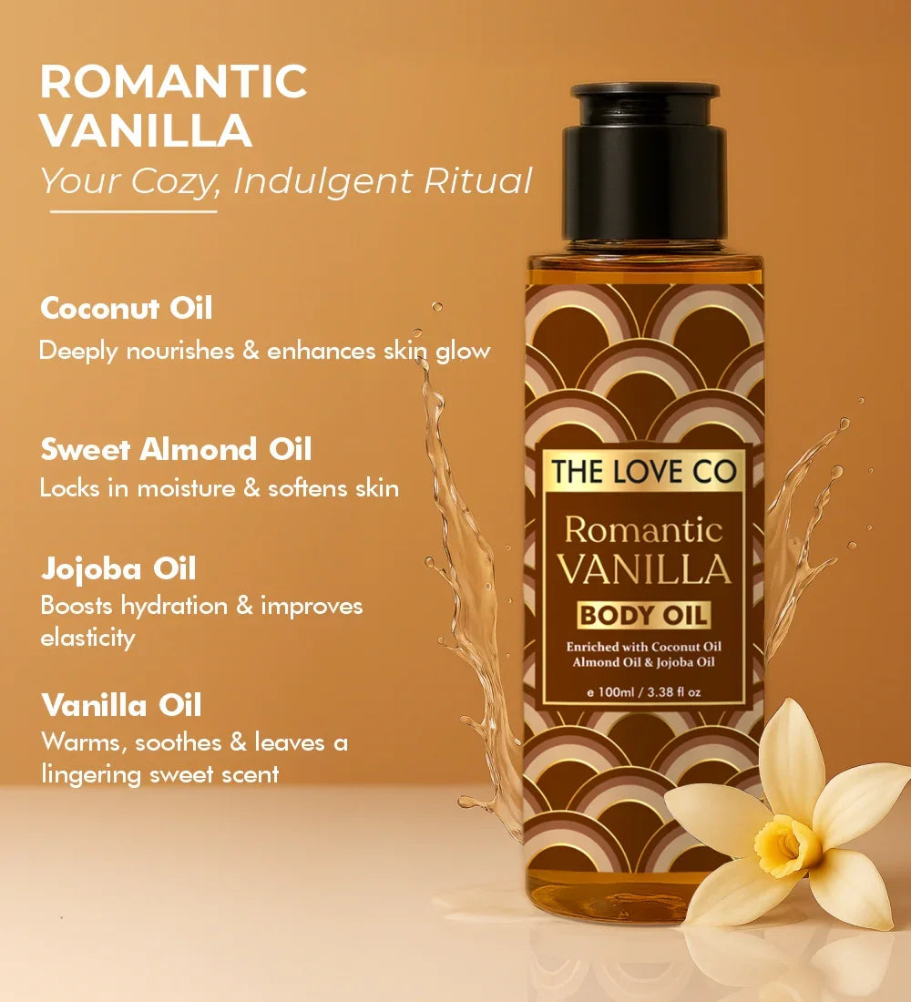 Romantic Vanilla body oil bottle with vanilla flower, golden background, skincare ingredients listed