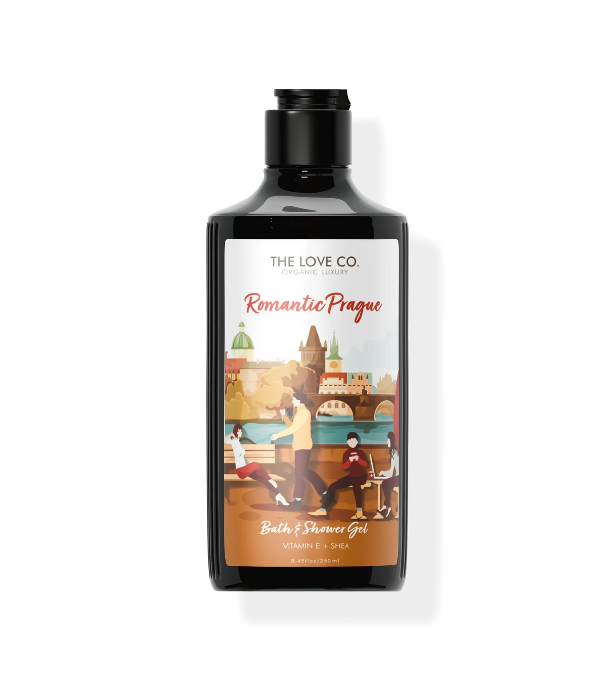 Romantic Prague bath and shower gel bottle with illustrated Prague cityscape and people.