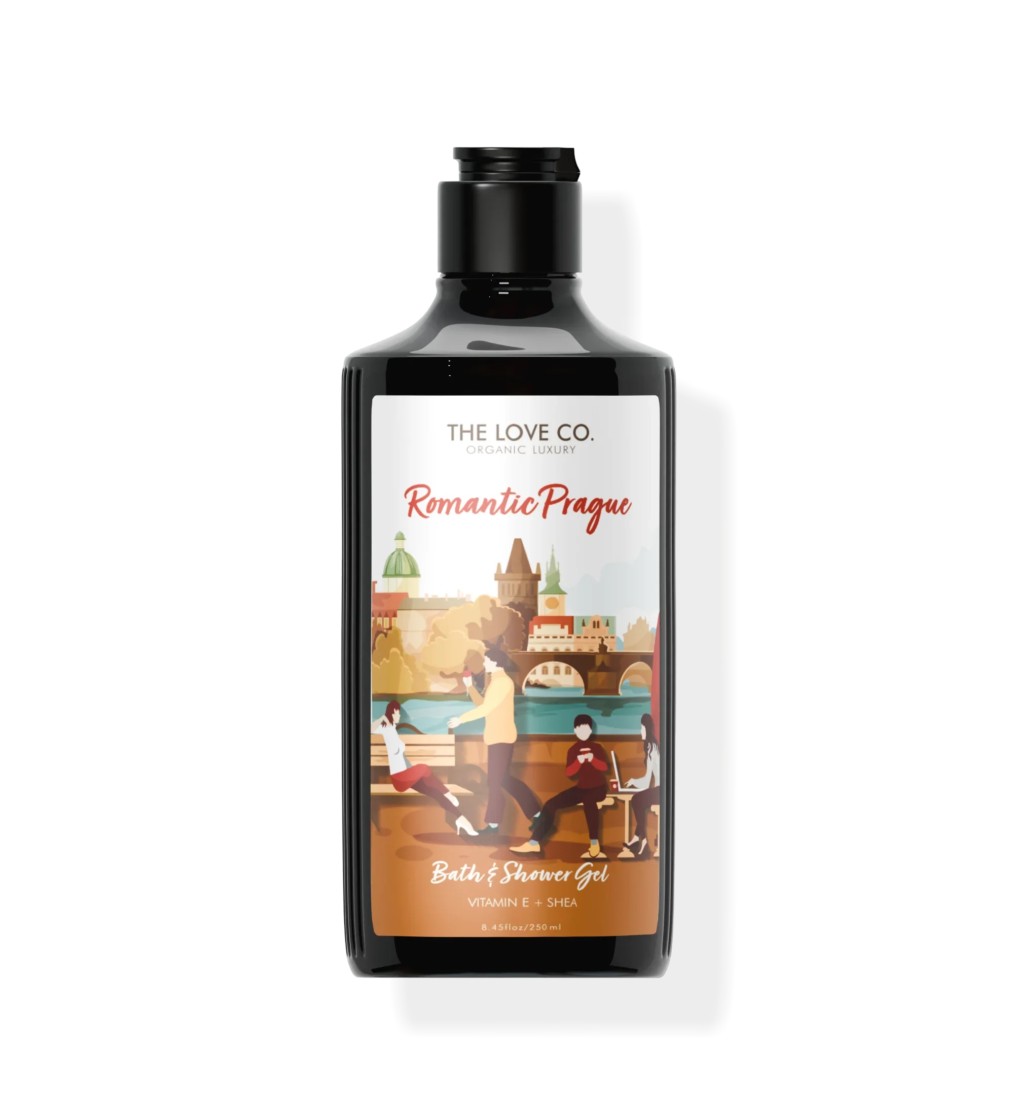 Romantic Prague bath and shower gel bottle with illustrated Prague cityscape and people.
