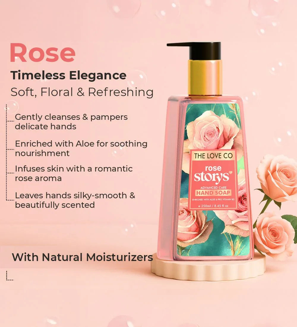 Rose hand soap bottle with floral design, pink roses, and product benefits on pastel background