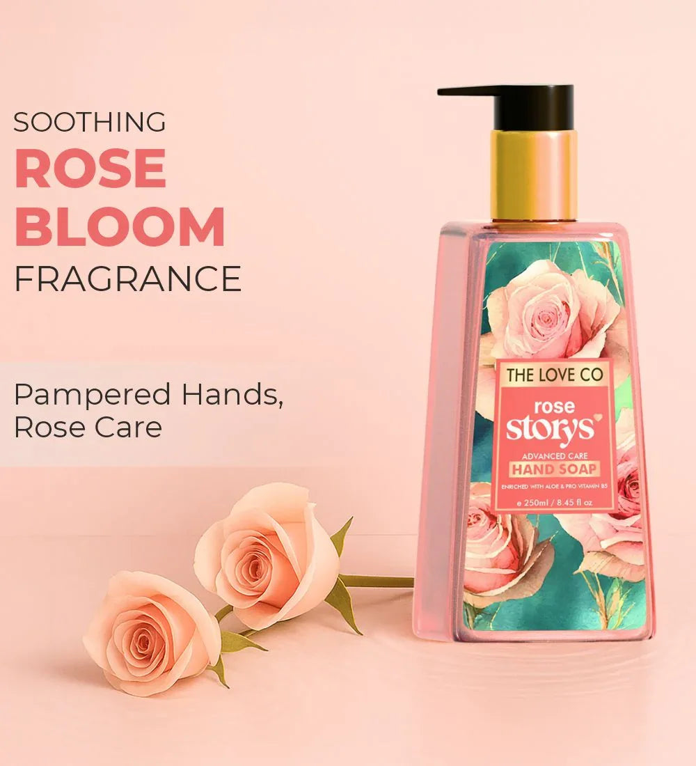 Rose hand soap bottle with floral label and two pink roses on a pale pink background