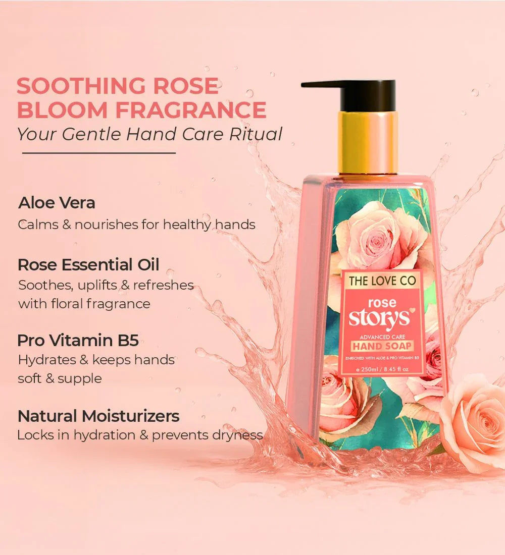 Rose hand soap bottle with floral label and description highlighting aloe vera, rose essential oil, pro vitamin B5, and natural moisturizers on a pink background.