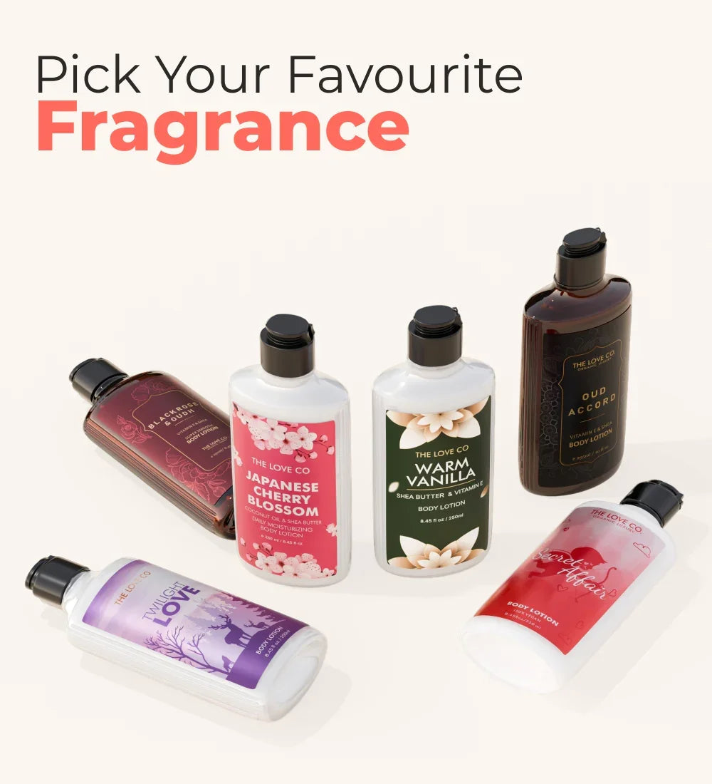 Assorted The Love Co body lotions with various fragrances on a light background