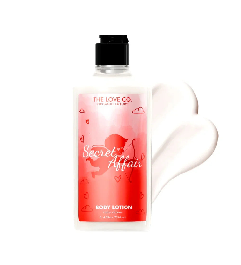 Secret Affair body lotion bottle with red label and lotion swatch on white background