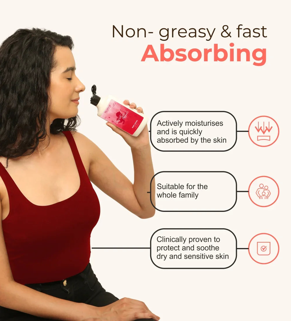 Woman holding Secret Affair body lotion, promoting non-greasy, fast-absorbing moisturizer.
